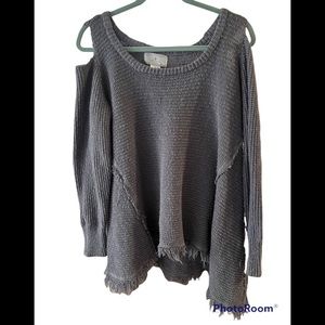 Anthropologie Ruby Moon grey distressed sweater with a cut-off cold shoulder